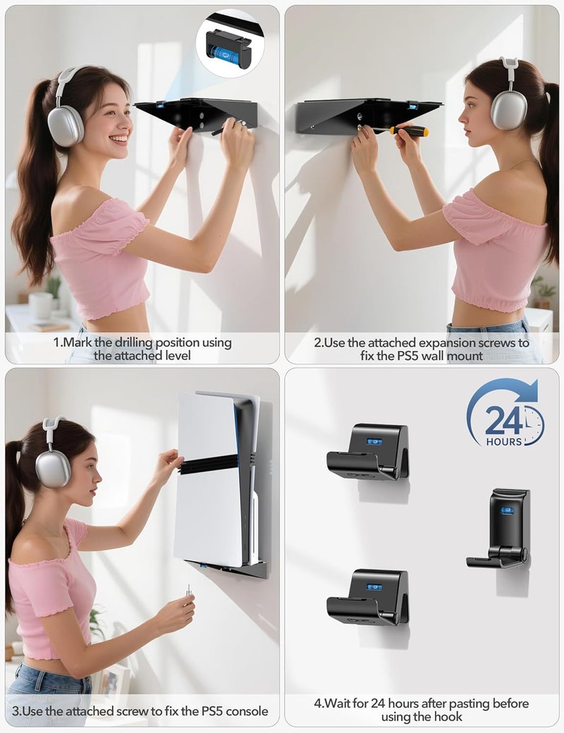 Kosker PS5/Slim/Pro Wall Mount with Headset & Controller Holder, Premium PS5 Metal Shelf Floating Mount, Universal 2 Packs Controller Stand and Headphone Stand, Game Accessries for All PlayStation 5 Console - Image 5